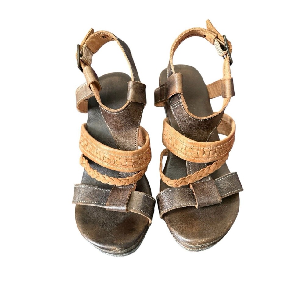 Bed Stu Jaslyn Brown, Tan Braided Leather Platform Bohemian Wedge Sandals Size 8